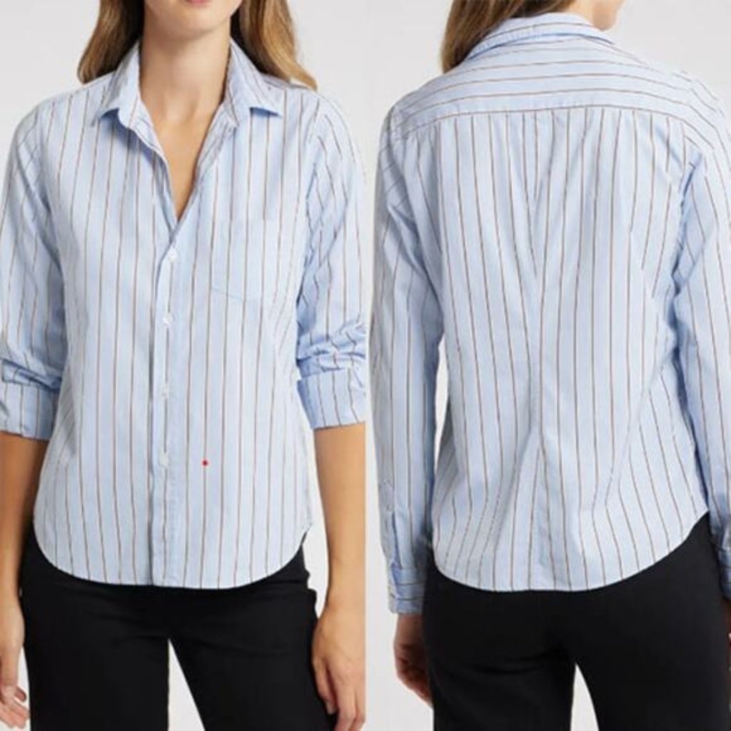 New Frank & Eileen Barry Stripe Tailored Button-Up Shirt Blue Brown Size: Medium